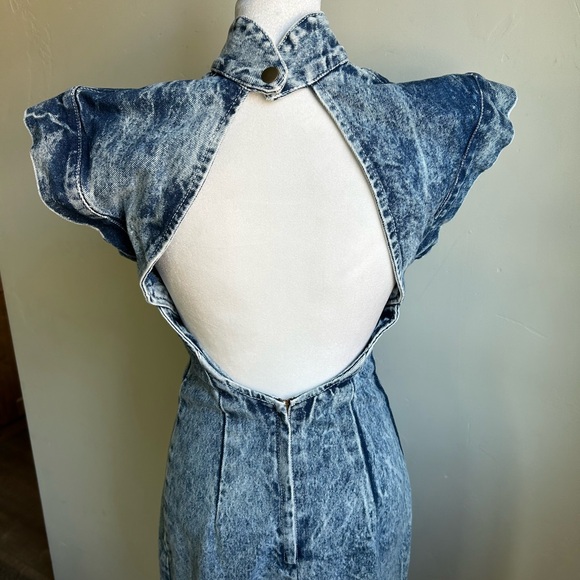 Vintage Paris Blues 90s Acid Wash Mock Neck Bodycon Backless Midi Dress - Picture 2 of 10